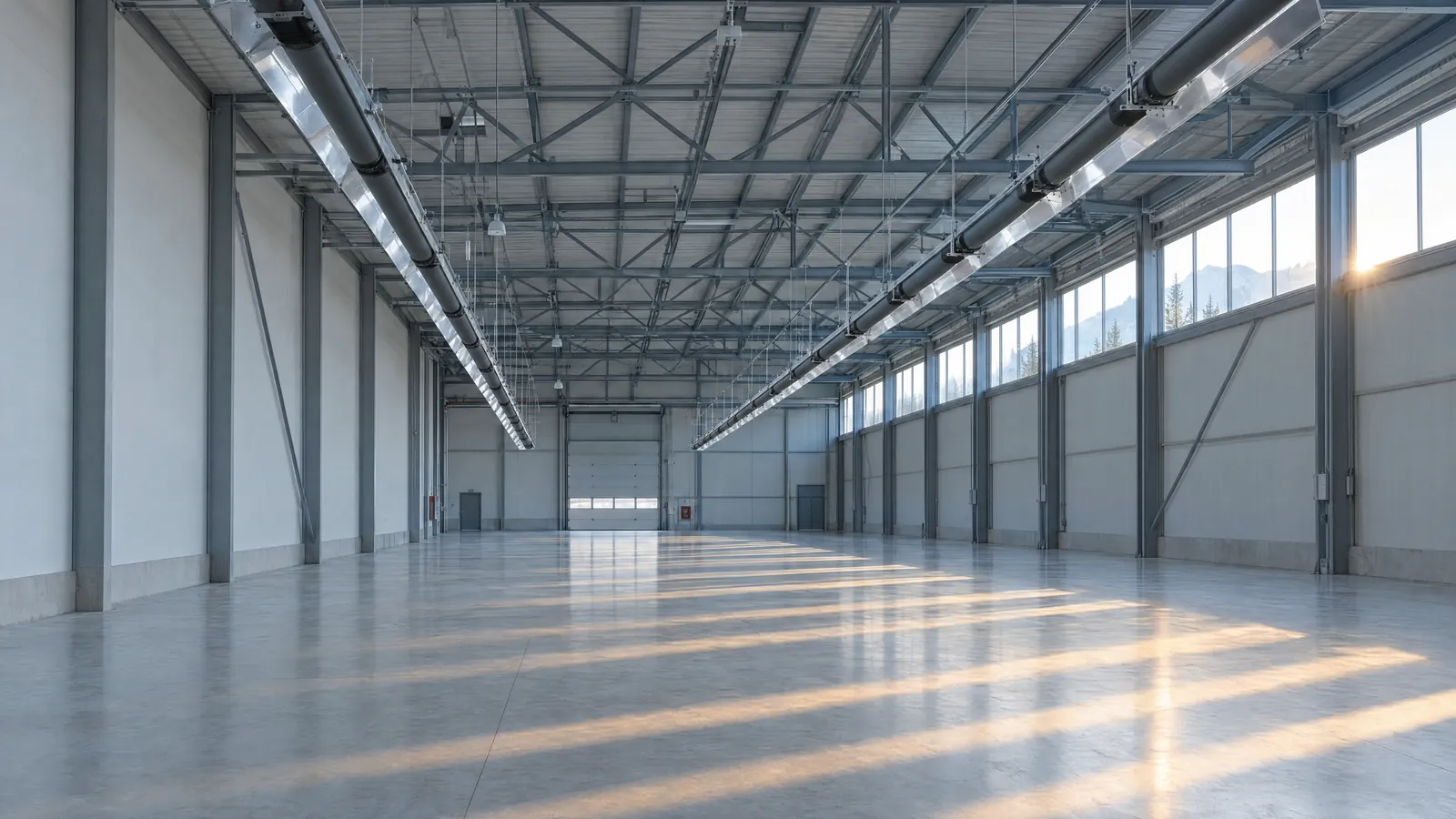 Prazna industrijska hala zjutraj; pod strešno konstrukcijo visijo dolge temne sevalne cevi s kovinskimi odbojniki, skozi visoka okna pada sonce na betonska tla.